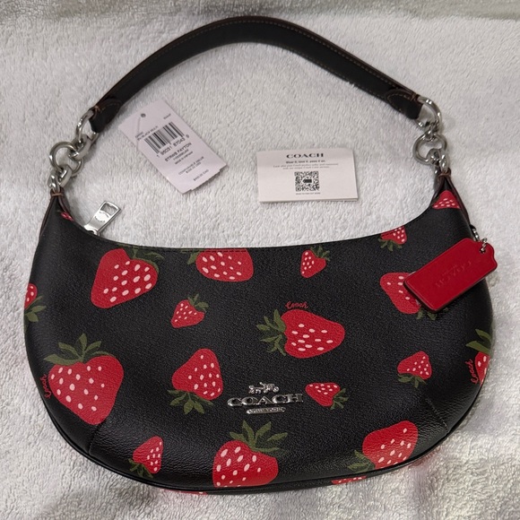 Coach Handbags - Coach Black Leather Shoulder Bag with Red Strawberry Print